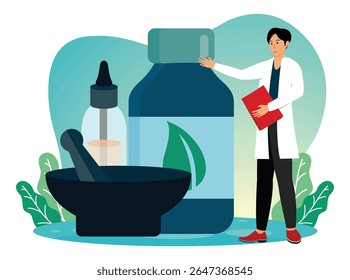Conceito de homeopatia. Um farmacêutico que apresente itens de medicamentos à base de plantas, incluindo argamassa e pilão, frasco e conta-gotas.