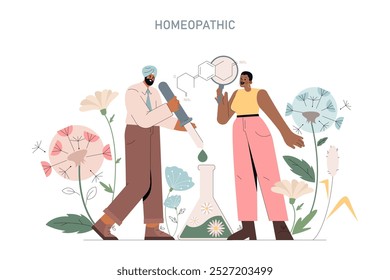 Homeopathy concept. Two diverse characters engaging with natural elements and scientific symbols, highlighting alternative medicine practices. Vector illustration.