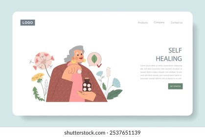 Homeopathy concept. Woman embraces natural healing, surrounded by herbs, holding homeopathic pills. Alternative medicine approach. Vector illustration.