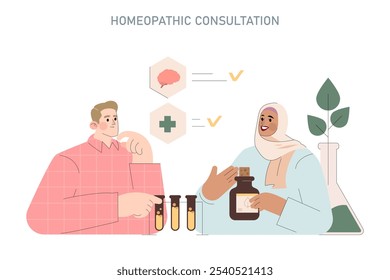 Conceito de consulta de homeopatia. Paciente que recebe aconselhamento de um médico sorridente. Abordagem holística de medicina e bem-estar. Ilustração vetorial.