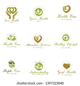 Homeopathy creative symbols collection. Alternative medicine conceptual vector emblems created using green leaves, heart shapes, religious crosses and caring hands.