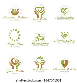 Homeopathy creative symbols collection. Alternative medicine conceptual vector emblems created using green leaves, heart shapes, religious crosses and caring hands.