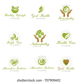 Homeopathy creative symbols collection. Naturopathy conceptual vector emblems created using green leaves, heart shapes, religious crosses and caring hands.