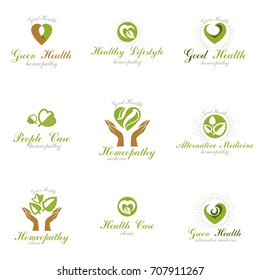 Homeopathy creative symbols collection. Naturopathy conceptual vector emblems created using green leaves, heart shapes, religious crosses and caring hands.