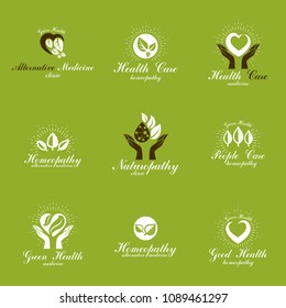 Homeopathy creative symbols collection. Restoring to health conceptual vector emblems created using green leaves, heart shapes, religious crosses and caring hands.