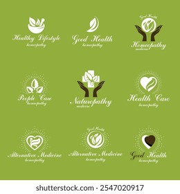 Colección de símbolos creativos de homeopatía. Restaurando a la salud emblemas conceptuales de Vector creados con hojas verdes, Formas de corazón, cruces religiosas y manos cariñosas.