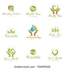 Homeopathy creative symbols collection. Restoring to health conceptual vector emblems created using green leaves, heart shapes, religious crosses and caring hands.