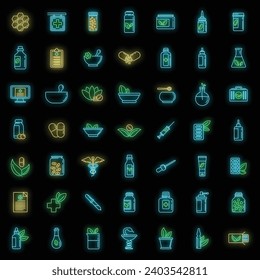 Homeopathy health icons set. Outline set of homeopathy health vector icons neon color on black