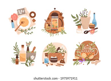 Homeopathy and herbal remedies set. Homeopathic treatment and phytotherapy concept. Traditional herb recipes of alternative medicine. Flat graphic vector illustration isolated on white background