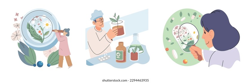 Homeopathy and herbal remedies set. Medical research laboratory diagnostics. Homeopathic treatment and phytotherapy. Traditional herb recipes of alternative medicine. Medicine pharmacy. Herbal pills