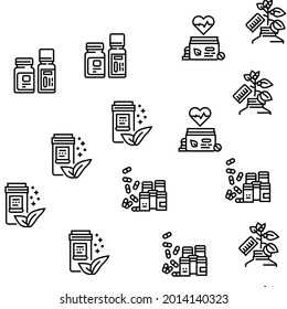 Homeopathy Medicine Collection Icons Set Vector. Medicaments And Vitamins Prepared From Natural Bio Plant, Homeopathy Pills And Drug Container Black Contour Illustrations