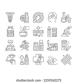 Homeopathy Medicine Collection Icons Set Vector. Medicaments And Vitamins Prepared From Natural Bio Plant, Homeopathy Pills And Drug Container Black Contour Illustrations