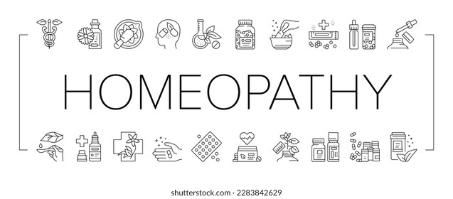 Homeopathy Medicine Collection Icons Set Vector. Medicaments And Vitamins Prepared From Natural Bio Plant, Homeopathy Pills And Drug Container Black Contour Illustrations