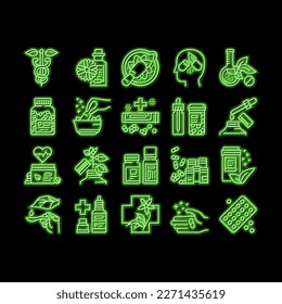 Homeopathy Medicine neon light sign vector. Medicaments And Vitamins Prepared From Natural Bio Plant, Homeopathy Pills And Drug Container Illustrations