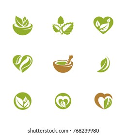 Homeopathy metaphor, vector graphic emblems collection. Vegetarian lifestyle conceptual illustrations.