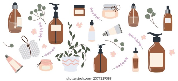 Homeopathy and natural beauty, vector elements isolated on white background. Hand packaging, jars, creams, dispenser, spa, flowers, lavender and skin care products for banner, advertising, logo and pa