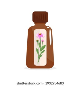 Homeopathy natural medicine. Healthy treatment brown bottle with oil extracts of echinacea herb homeopathic natural flat healing disease vector naturopathy.