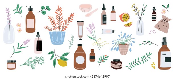 Homeopathy and nature beauty skin vector element. Flower, herbs and skincare packaging  hand drawn doodle design for banner, ads, logo and packaging design.