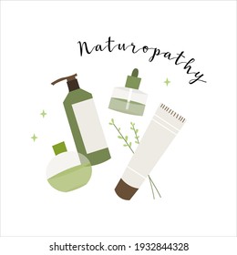 Homeopathy, naturopathy. Complementary, alternative, integrative, holistic medicine. Natural organic herb. Apothecary bottle. Vector flat cartoon illustration