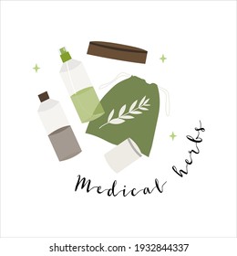 Homeopatía, naturopatía. Medicina complementaria, alternativa, integradora, holística. Hierba orgánica natural. Botella apotecaria. Ilustración de dibujos animados planos vectoriales