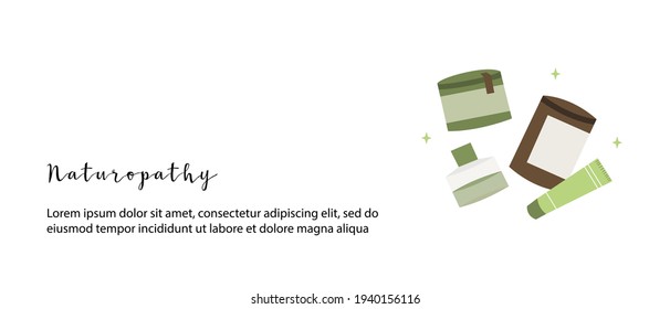Homeopathy, naturopathy. Complementary, alternative, integrative, holistic medicine. Natural organic herb. Apothecary bottle. Vector flat cartoon illustration. Landing page, banner design, flyer