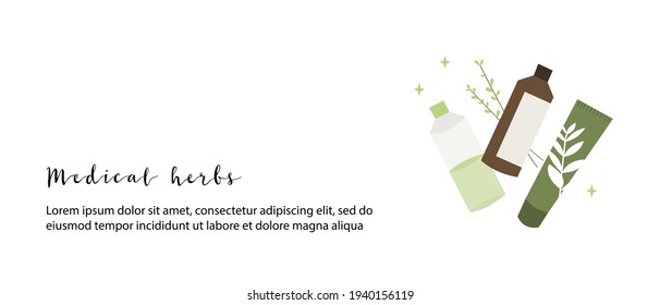Homeopatía, naturopatía. Medicina complementaria, alternativa, integradora, holística. Hierba orgánica natural. Botella apotecaria. Ilustración de dibujos animados planos vectores. Página de aterrizaje, diseño de pancartas, volante