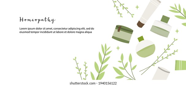 Homeopathy, naturopathy. Complementary, alternative, integrative, holistic medicine. Natural organic herb. Apothecary bottle. Vector flat cartoon illustration. Landing page, banner design, flyer