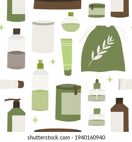 Homeopathy, naturopathy. Complementary, alternative, integrative, holistic medicine. Natural organic herb. Apothecary bottle. Vector flat cartoon illustration, seamless pattern