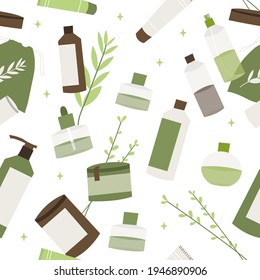 Homeopathy, naturopathy. Complementary, alternative, integrative, holistic medicine. Natural organic herb. Apothecary bottle. Vector flat cartoon illustration, seamless pattern
