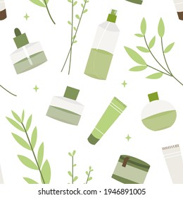 Homeopathy, naturopathy. Complementary, alternative, integrative, holistic medicine. Natural organic herb. Apothecary bottle. Vector flat cartoon illustration, seamless pattern