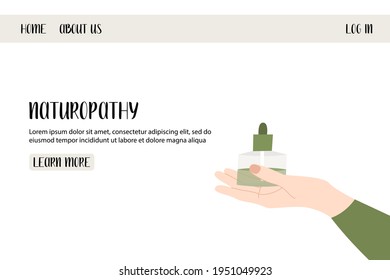 Homeopathy, naturopathy. Complementary, alternative, integrative, holistic medicine. Natural organic herb. Apothecary bottle. Vector flat cartoon illustration, landing page, banner design, web