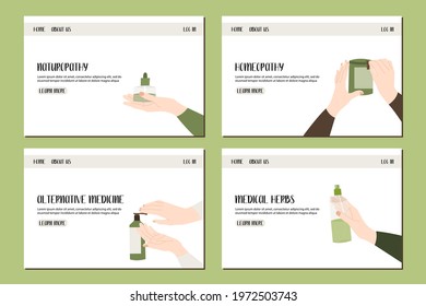 Homeopathy, naturopathy. Complementary, alternative, integrative, holistic medicine. Natural organic herb. Apothecary bottle. Vector flat cartoon illustration, landing page, banner design, web