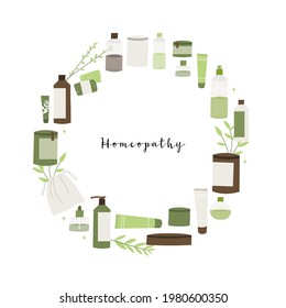 Homeopathy, naturopathy. Complementary, alternative, integrative, holistic medicine. Natural organic herb. Apothecary bottle. Vector flat cartoon illustration