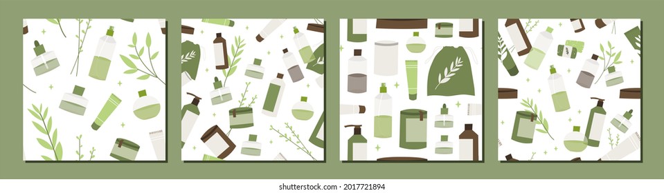 Homeopatía, naturopatía. Medicina complementaria, alternativa, integradora, holística. Hierba orgánica natural. Botella apotecaria. Ilustración de dibujos animados planos vectores, conjunto de patrones sin soldadura