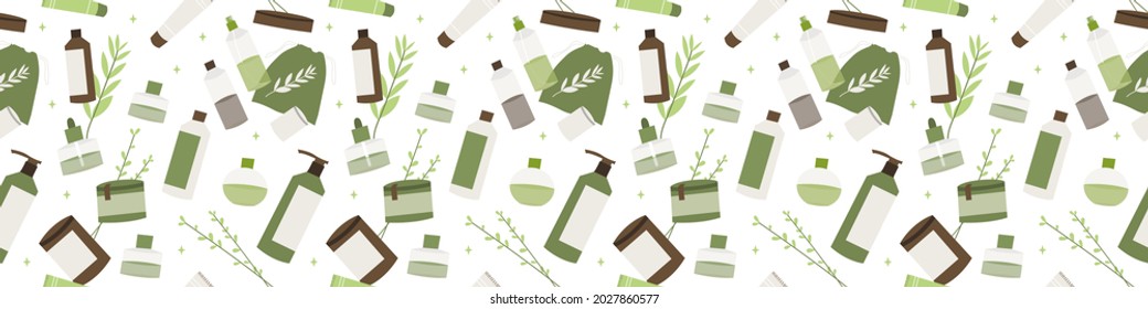 Homeopathy, naturopathy. Complementary, alternative, integrative, holistic medicine. Natural organic herb. Apothecary bottle. Vector flat cartoon illustration, set of seamless pattern
