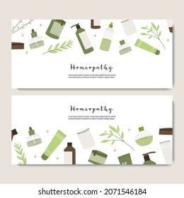 Homeopathy, naturopathy. Complementary, alternative, integrative, holistic medicine. Natural organic herb. Apothecary bottle. Vector flat cartoon illustration. Landing page, banner design, flyer