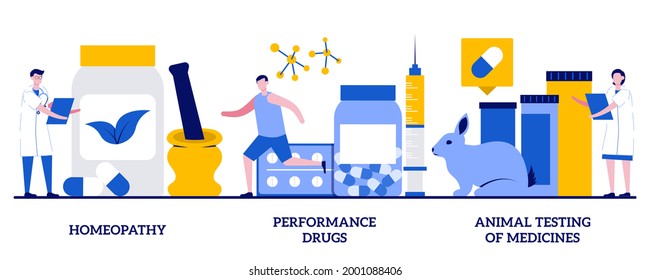 Homeopathy, performance drugs, animal testing of medicines concept with tiny people. Pharmaceutical business abstract vector illustration set. Alternative treatment, illegal sport drug metaphor.