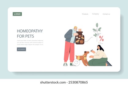 Homeopathy for pets concept. A woman treats a dog with natural remedies alongside a man holding a bottle with herbal flowers. Wellness and alternative medicine for animals. Vector illustration.