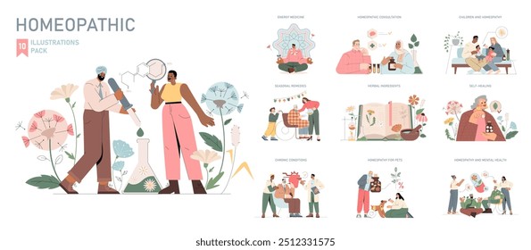 Homeopathy set. Alternative medicine practices and natural healing. Illustrations of herbal treatments, patient consultations, and pet care. Vector illustration.