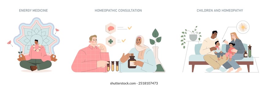 Conjunto de homeopatía. Ilustración de prácticas de salud holísticas que incluyen medicina energética, una consulta y cuidado familiar. Bienestar natural y tratamiento alternativo. Ilustración vectorial.