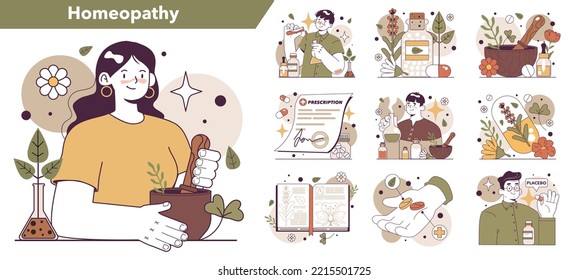 Homeopathy set. Traditional herbal medicine as an alternative healthcare. Plant and flowers healing properties used in health treatment. Flat vector illustration