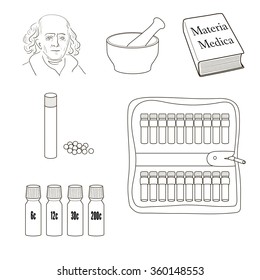 Homeopathy. Set of vector icons. Homeopathic pills, storage kit, mortal, pestle, book Materia Madica, bottles.