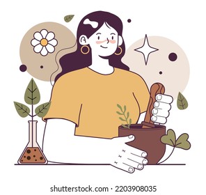 Homeopathy. Traditional herbal medicine as an alternative healthcare. Plant and flowers healing properties used in health treatment. Flat vector illustration