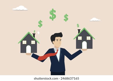 Homeowner exchange reverse mortgage for payday loan, real estate for payday banking concept, businessman with reverse mortgage home earning dollar money sign.