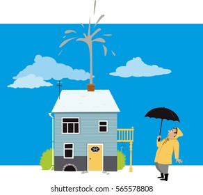 Homeowner looking at a fountain of sewage or water coming from a chimney of his house, EPS 8 vector illustration