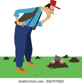 Homeowner looking at a mole, damaging his lawn, EPS 8 vector illustration