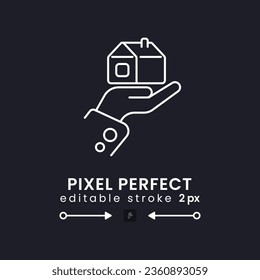 Homeownership white linear desktop icon on black. Real estate. Property ownership. Buying house. Home loan. Pixel perfect, outline 2px. Isolated user interface symbol for dark theme. Editable stroke