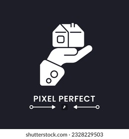 Icono de escritorio sólido blanco de propiedad de la casa. Inmobiliaria. Propiedad. Comprando casa. Préstamo para vivienda. Píxel perfecto, contorno 2px. Símbolo de silueta para el modo oscuro. Pictograma de glifo. Imagen aislada del vector
