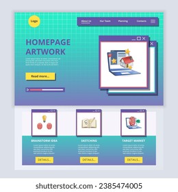 Homepage artwork flat landing page website template. Brainstorm idea, sketching, target market. Web banner with header, content and footer. Vector illustration.