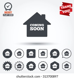 Homepage coming soon sign icon. Promotion announcement symbol. Circle, star, speech bubble and square buttons. Award medal with check mark. Thank you. Vector